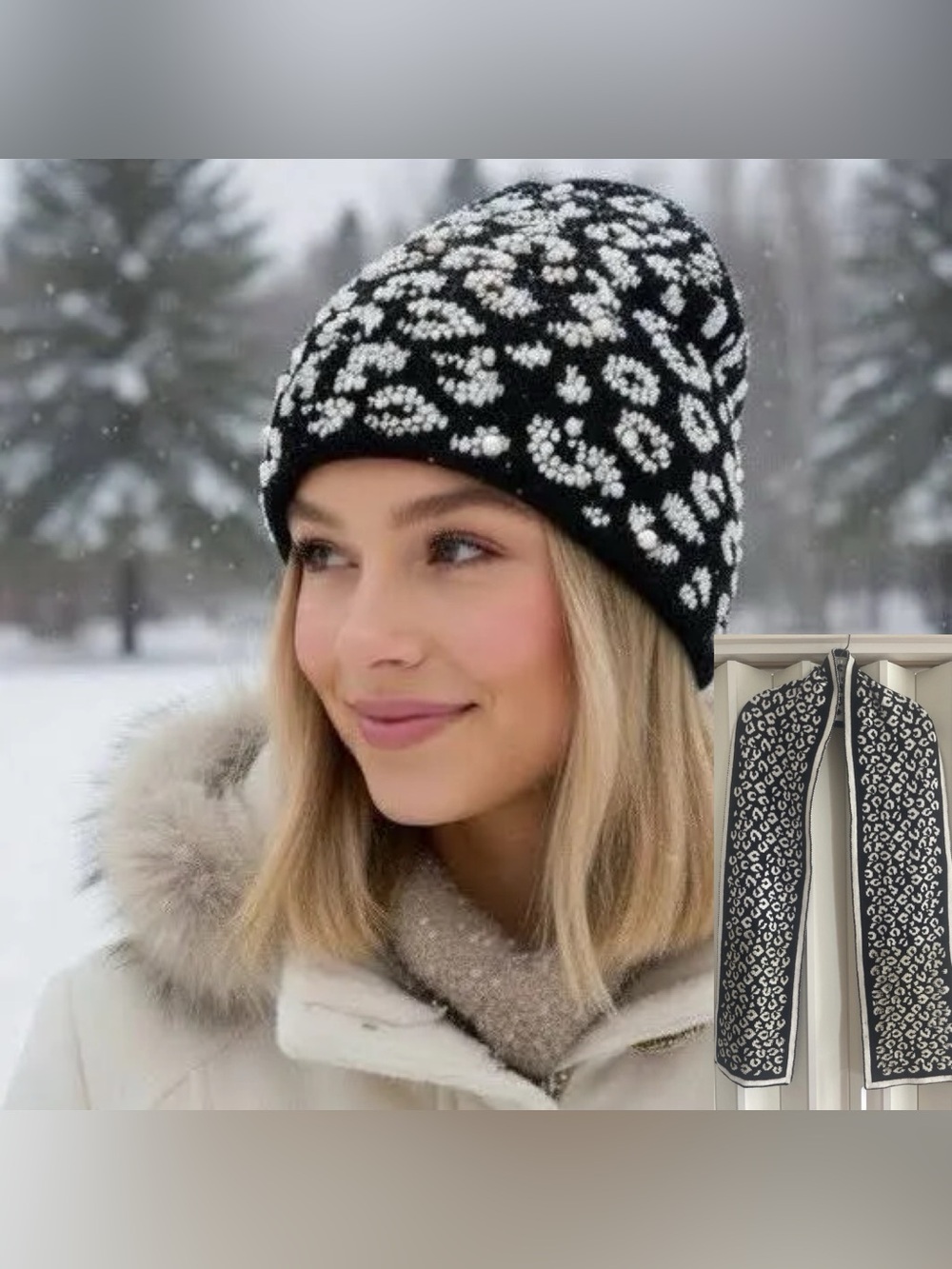 Chico's Black and White Leopard Beanie & Scarf